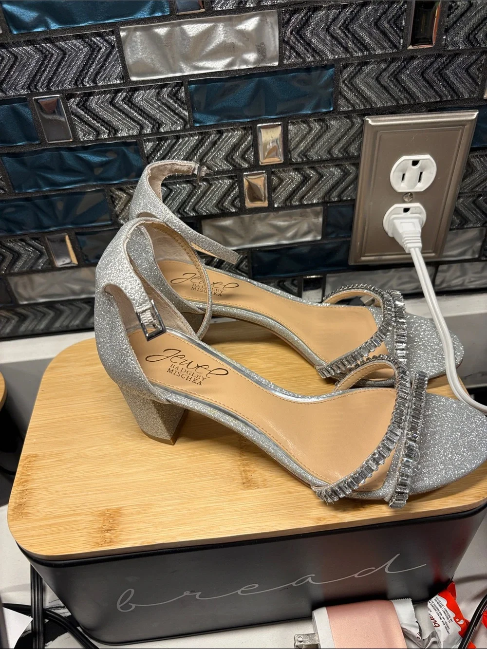 Jewel Badgley Mischka Silver Glitter Crystal-Strap Block Heel Sandals